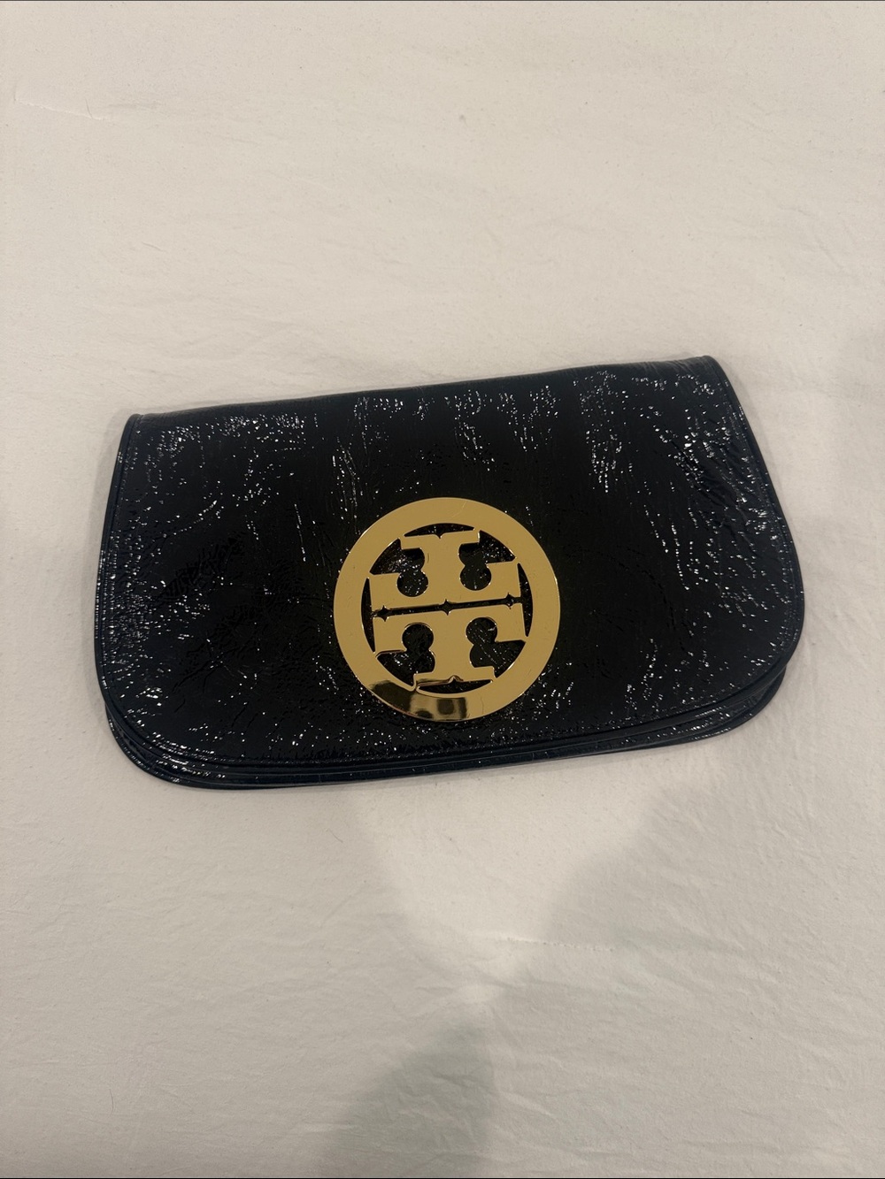 Tory Burch Black Patent Clutch with Gold Logo Medallion